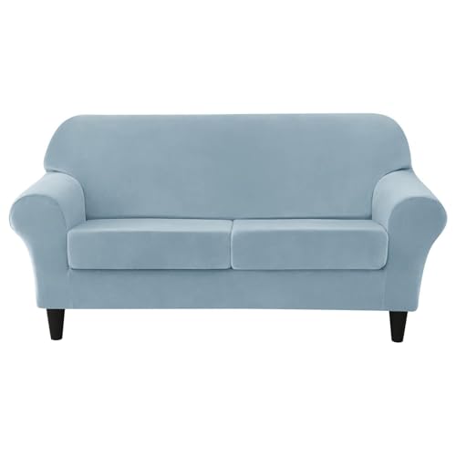 WWQQKJ 3-teiliges Sofabezug-Set for Loveseat, 2-Sitzer-Sofa-Schonbezug mit 2 separaten Sitzkissenbezügen, Sektionsschutz aus Samt(Light Blue) von WWQQKJ