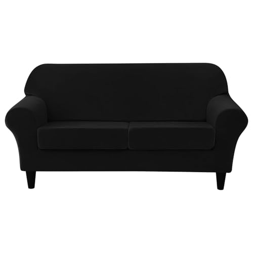 WWQQKJ 3-teiliges Sofabezug-Set for Loveseat, 2-Sitzer-Sofa-Schonbezug mit 2 separaten Sitzkissenbezügen, Sektionsschutz aus Samt(Noir) von WWQQKJ