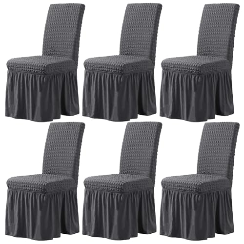 WWQQKJ Elastische Stuhlhusse mit Rückenlehne, 6 Stück, elastische Seersucker-Esszimmerstuhlhussen mit Rock, Stuhlhussen for Hochzeitszeremonie, Home-Party, Hotel(Grigio,Set di 6) von WWQQKJ