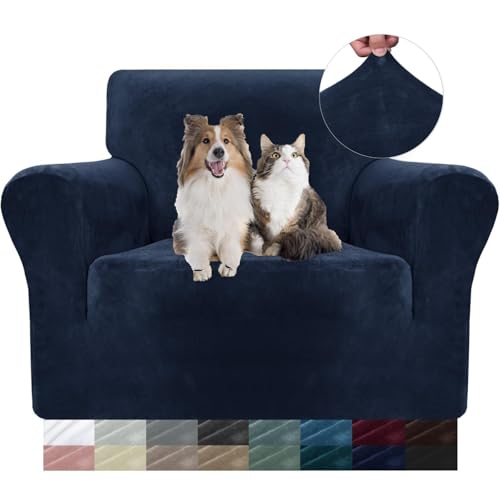 WWQQKJ Samt Sofabezug 1 Sitzer, Stretch Sesselbezug, Universal Sofabezug mit Armlehnen, Anti-Schmutz Sofaschoner, Waschbar(Bleu Foncé,1 Place) von WWQQKJ