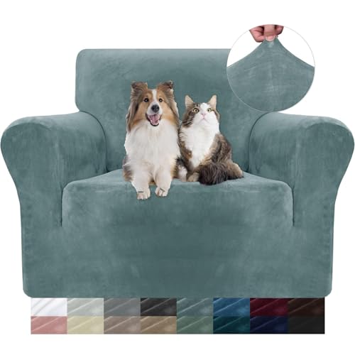 WWQQKJ Samt Sofabezug 1 Sitzer, Stretch Sesselbezug, Universal Sofabezug mit Armlehnen, Anti-Schmutz Sofaschoner, Waschbar(Bleu Gris,1 Place) von WWQQKJ