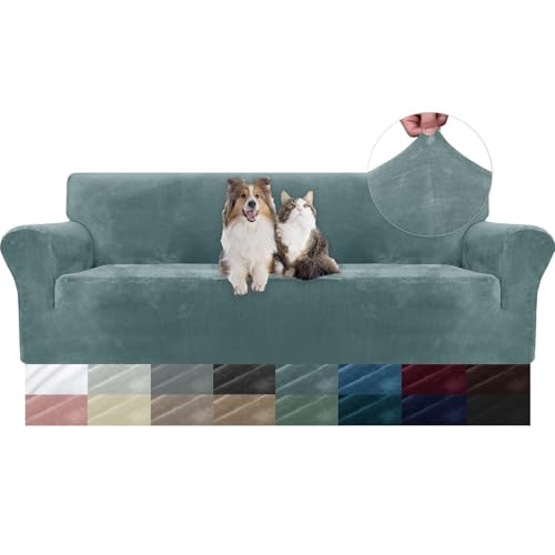 WWQQKJ Samt Sofabezug 1 Sitzer, Stretch Sesselbezug, Universal Sofabezug mit Armlehnen, Anti-Schmutz Sofaschoner, Waschbar(Bleu Gris,4 Places) von WWQQKJ