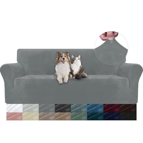 WWQQKJ Samt Sofabezug 1 Sitzer, Stretch Sesselbezug, Universal Sofabezug mit Armlehnen, Anti-Schmutz Sofaschoner, Waschbar(Gris Clair,3 Places) von WWQQKJ
