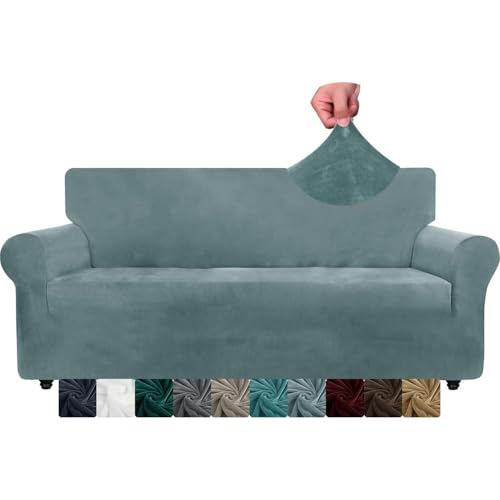 WWQQKJ Samt-Sofabezug for 1 Sitzer, Stretch-Sofabezüge, superweiche Sofabezüge for Hunde und Katzen(Bleu Gris,3 Place) von WWQQKJ