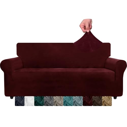 WWQQKJ Samt-Sofabezug for 1 Sitzer, Stretch-Sofabezüge, superweiche Sofabezüge for Hunde und Katzen(Nouveau Vin Rouge,3 Place) von WWQQKJ