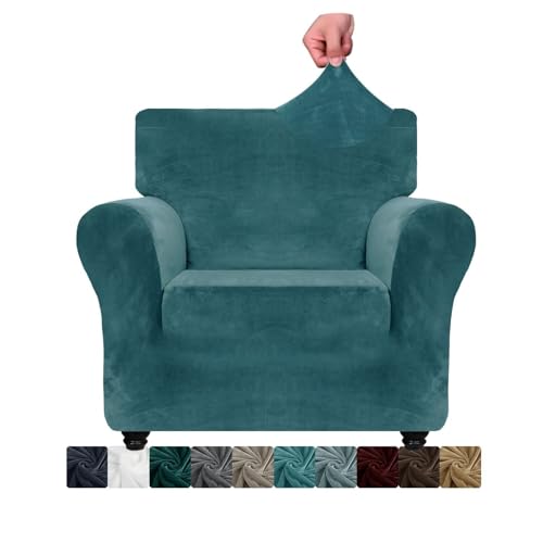 WWQQKJ Samt-Sofabezug for 1 Sitzer, Stretch-Sofabezüge, superweiche Sofabezüge for Hunde und Katzen(Paon Bleu,1 Place) von WWQQKJ