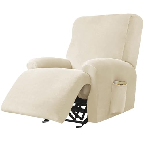 WWQQKJ Samt Stretch Relaxsesselbezug, 4 Stück Relaxsesselbezug Weicher Relaxsesselschutz rutschfeste Relaxsessel-Schonbezüge Mit Seitentasche Möbelschutz for Wohnzimmer-Dunkel(Beige) von WWQQKJ