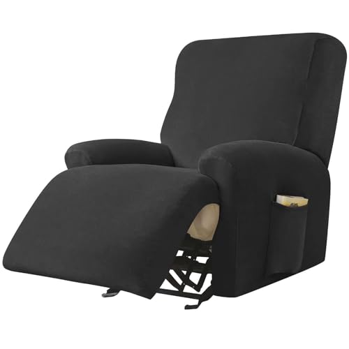 WWQQKJ Samt Stretch Relaxsesselbezug, 4 Stück Relaxsesselbezug Weicher Relaxsesselschutz rutschfeste Relaxsessel-Schonbezüge Mit Seitentasche Möbelschutz for Wohnzimmer-Dunkel(Black) von WWQQKJ