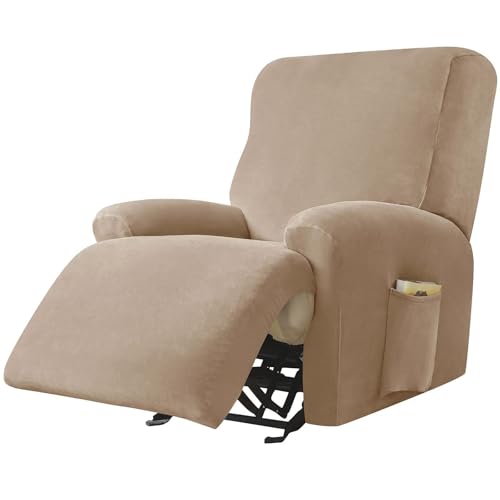 WWQQKJ Samt Stretch Relaxsesselbezug, 4 Stück Relaxsesselbezug Weicher Relaxsesselschutz rutschfeste Relaxsessel-Schonbezüge Mit Seitentasche Möbelschutz for Wohnzimmer-Dunkel(Camel) von WWQQKJ