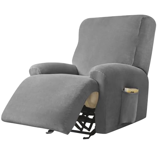 WWQQKJ Samt Stretch Relaxsesselbezug, 4 Stück Relaxsesselbezug Weicher Relaxsesselschutz rutschfeste Relaxsessel-Schonbezüge Mit Seitentasche Möbelschutz for Wohnzimmer-Dunkel(Dark Grey) von WWQQKJ
