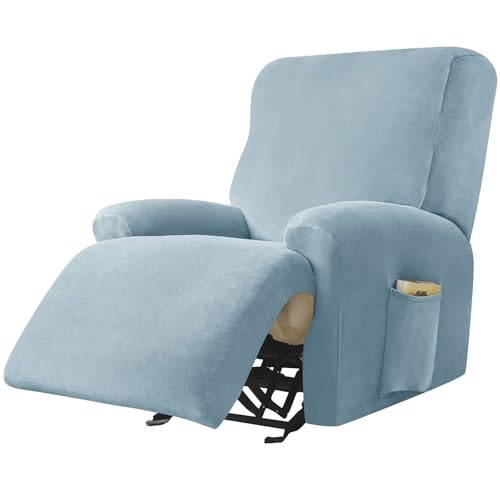 WWQQKJ Samt Stretch Relaxsesselbezug, 4 Stück Relaxsesselbezug Weicher Relaxsesselschutz rutschfeste Relaxsessel-Schonbezüge Mit Seitentasche Möbelschutz for Wohnzimmer-Dunkel(Light Blue) von WWQQKJ