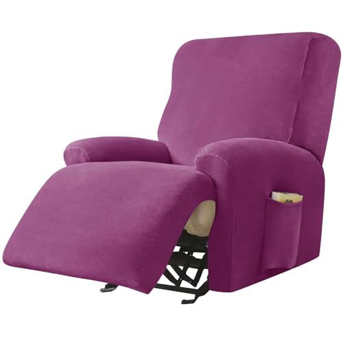 WWQQKJ Samt Stretch Relaxsesselbezug, 4 Stück Relaxsesselbezug Weicher Relaxsesselschutz rutschfeste Relaxsessel-Schonbezüge Mit Seitentasche Möbelschutz for Wohnzimmer-Dunkel(Purple) von WWQQKJ