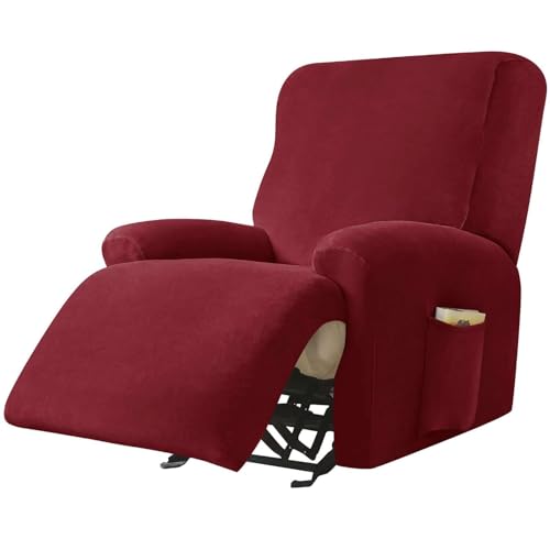 WWQQKJ Samt Stretch Relaxsesselbezug, 4 Stück Relaxsesselbezug Weicher Relaxsesselschutz rutschfeste Relaxsessel-Schonbezüge Mit Seitentasche Möbelschutz for Wohnzimmer-Dunkel(Wine Red) von WWQQKJ