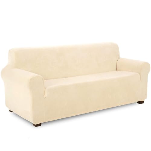 WWQQKJ Samtsofabezug for 1 Sitzer, weicher Samt-Plüsch-Sofabezug for die Couch, Elegante Luxus-Möbelbezüge mit Armlehnen, Sofa-Schonbezug(Beige,3 Place) von WWQQKJ