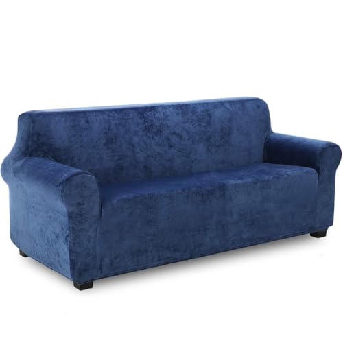 WWQQKJ Samtsofabezug for 1 Sitzer, weicher Samt-Plüsch-Sofabezug for die Couch, Elegante Luxus-Möbelbezüge mit Armlehnen, Sofa-Schonbezug(Bleu Foncé,3 Place) von WWQQKJ