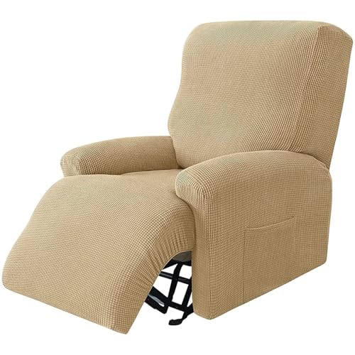 Stretch-Jacquard-Bezug for Relaxsessel, weich, 4-teilig, rutschfest, Sofabezug mit Seitentasche, waschbarer Möbelschutz for 1-Sitzer-Relaxsessel(Kaki) von WWQQKJ