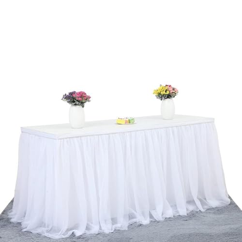 Weißer Tüll-Tischrock, Tutu, Spitze, Chiffon, Chiffon-Tischrock for rechteckige oder runde Tische for Hochzeit, Geburtstag, Party, Dekoration, Rosa, Blau(Bianco,14 FT Length) von WWQQKJ