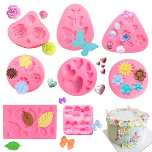 WWYSSZ 8 Stück Silikonform Blumen Klein 3D Fondant Formen Silikon Rose Schmetterling Blätter Herzförmiges Bow für Kuchen, Fudge, Schokolade, Seife, Dessertdekoration,Süßigkeit von WWYSSZ
