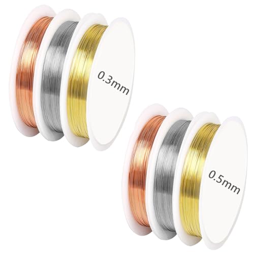 WWYSSZ Schmuckdraht, 6 Rollen Basteldraht Dünn, 15 M/Rolle X 0,3 mm und 5.5 M/Rolle X 0,5 mm Kupferdraht zum Basteln, Perlendraht für Schmuckherstellung Modellbau Bastelarbeiten(Gold,Silber,Roségold) von WWYSSZ
