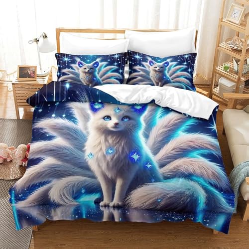 WXBASLEMD 3D Effekt Neun-Schwanz-Fuchs, Bettbezug Atmungsaktiv Mikrofaser, Tiere Bettwäsche, Mit Reißverschluss Und Kissenbezüge, Für Erwachsene Kinder King（220x240cm） von WXBASLEMD