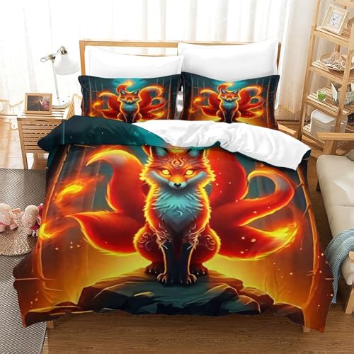WXBASLEMD 3D Effekt Neun-Schwanz-Fuchs, Bettbezug Atmungsaktiv Mikrofaser, Tiere Bettwäsche, Mit Reißverschluss Und Kissenbezüge, Für Erwachsene Kinder Single（140x200cm） von WXBASLEMD