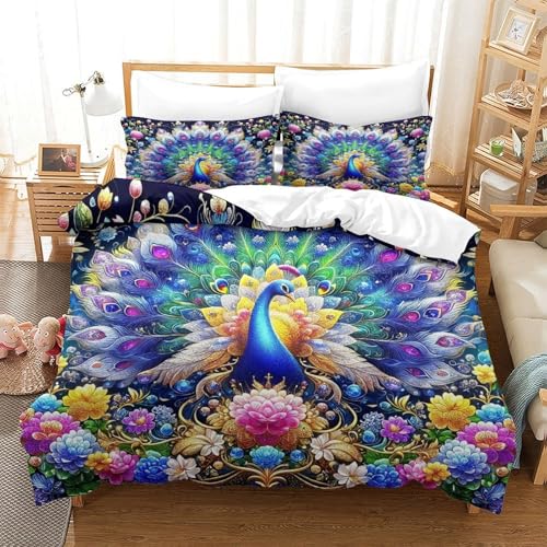 WXBASLEMD 3D Effekt Pfauen, Bettbezug Weich Microfaser, Tiere Bettwäsche Set, Mit Reißverschluss Und Kissenbezüge, Für Erwachsene Kinder King（220x240cm） von WXBASLEMD