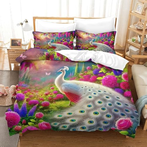 WXBASLEMD 3D Effekt Pfauen, Bettbezug Weich Microfaser, Tiere Bettwäsche Sets, Mit Reißverschluss Und Kissenbezüge, Für Mädchen Jungen Double（200x200cm） von WXBASLEMD
