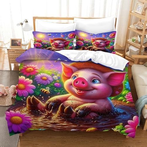WXBASLEMD 3D Effekt Schweinemotiv, Bettbezug Weich Microfaser, Tiere Bettwäsche, Mit Reißverschluss Und Kissenbezüge, Für Erwachsene Kinder Single（140x200cm） von WXBASLEMD