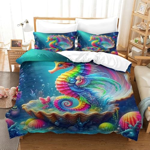 WXBASLEMD 3D Effekt Seepferd, Bettbezug Weich Microfaser, Tiere Bettwäsche Set, Mit Reißverschluss Und Kissenbezüge, Für Mädchen Jungen King（220x240cm） von WXBASLEMD