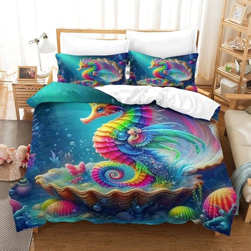 WXBASLEMD 3D Effekt Seepferd, Bettbezug Weich Microfaser, Tiere Bettwäsche Set, Mit Reißverschluss Und Kissenbezüge, Für Mädchen Jungen Single（140x200cm） von WXBASLEMD