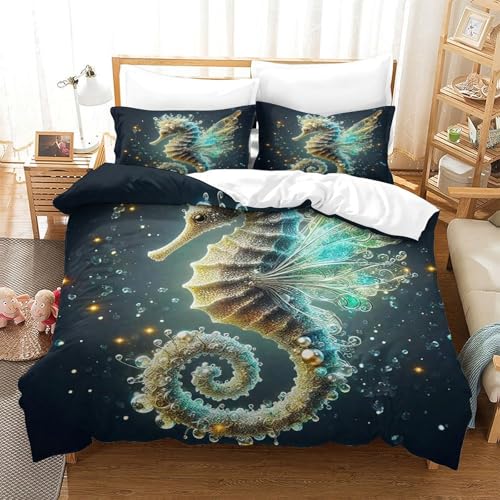 WXBASLEMD 3D Effekt Seepferd, Bettwäsche Set Weichen Bequemen, Tiere Bettwäsche, Mit Reißverschluss Und Kissenbezüge, Für Kinder Jungen Mädchen King（220x240cm） von WXBASLEMD