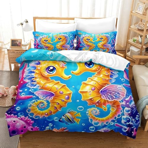 WXBASLEMD 3D Effekt Seepferd, Bettwäsche Set Weichen Bequemen, Tiere Bettwäsche, Mit Reißverschluss Und Kissenbezüge, Für Kinder Jungen Mädchen Super King（260x220cm） von WXBASLEMD