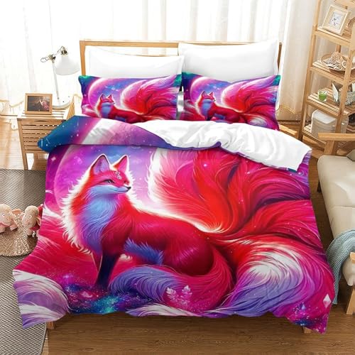 WXBASLEMD 3D Neun-Schwanz-Fuchs, Bettwäsche Set Atmungsaktiv Mikrofaser, Tiere Bettwäsche, Mit Reißverschluss Und Kissenbezüge, Für Mädchen Jungen Super King（260x220cm） von WXBASLEMD