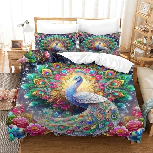 WXBASLEMD 3D Pfauen, Bettwäsche Set Weichen Bequemen, Tiere Bettwäsche, Mit Reißverschluss Und Kissenbezüge, Für Kinder Jungen Mädchen Super King（260x220cm） von WXBASLEMD