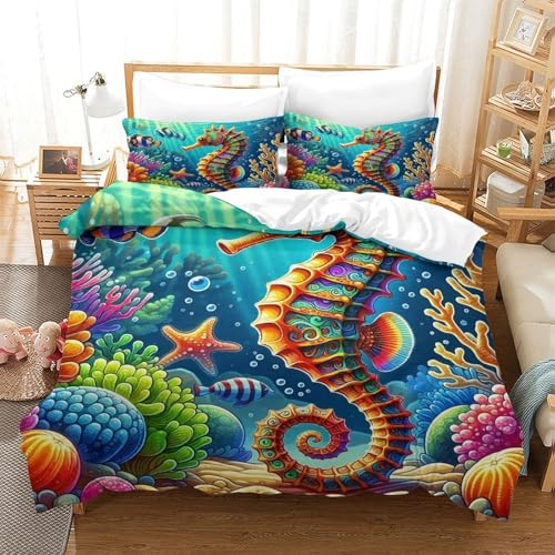 WXBASLEMD 3D Seepferd, Bettwäsche Set Weich Microfaser, Tiere Bettwäsche, Mit Reißverschluss Und Kissenbezüge, Für Mädchen Jungen Double（200x200cm） von WXBASLEMD
