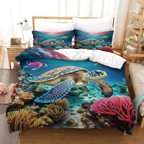 WXBASLEMD 3D-gedrucktes Meeresschildkröte, Bettwäsche Set Atmungsaktiv Mikrofaser, Tiere Bettwäsche, Mit Reißverschluss Und Kissenbezüge, Für Kinder Jungen Mädchen King（220x240cm） von WXBASLEMD