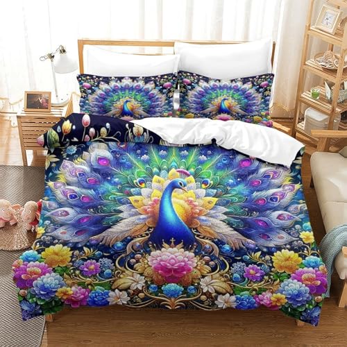 WXBASLEMD 3D-gedrucktes Pfauen, Bettwäsche Sets Weichen Bequemen, Tiere Bettwäsche, Mit Reißverschluss Und Kissenbezüge, Für Kinder Jungen Mädchen Super King（260x220cm） von WXBASLEMD