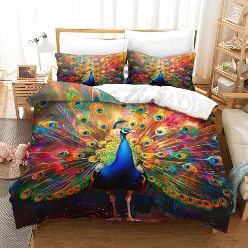 WXBASLEMD 3D-gedrucktes Pfauen, Bettwäsche Sets Weichen Bequemen, Tiere Bettwäsche, Mit Reißverschluss Und Kissenbezüge, Für Mädchen Jungen Double（200x200cm） von WXBASLEMD