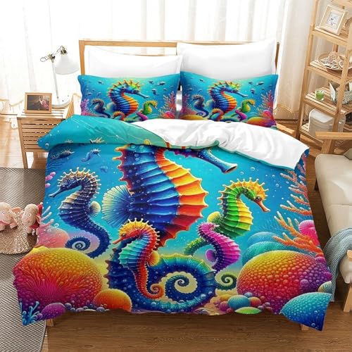 WXBASLEMD 3D-gedrucktes Seepferd, Bettwäsche Set Weich Microfaser, Tiere Bettwäsche, Mit Reißverschluss Und Kissenbezüge, Für Erwachsene Kinder King（220x240cm） von WXBASLEMD
