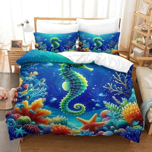 WXBASLEMD 3D-gedrucktes Seepferd, Bettwäsche Set Weich Microfaser, Tiere Bettwäsche, Mit Reißverschluss Und Kissenbezüge, Für Kinder Jungen Mädchen Super King（260x220cm） von WXBASLEMD