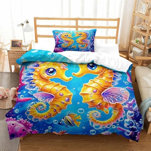 WXBASLEMD 3D-gedrucktes Seepferd, Bettwäsche Set Weichen Bequemen, Tiere Bettwäsche, Mit Reißverschluss Und Kissenbezüge, Für Mädchen Jungen Single（135x200cm） von WXBASLEMD