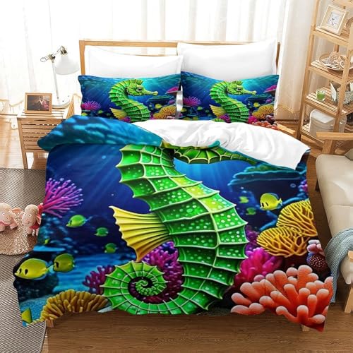 WXBASLEMD 3D-gedrucktes Seepferd, Bettwäsche Sets Weichen Bequemen, Tiere Bettwäsche, Mit Reißverschluss Und Kissenbezüge, Für Erwachsene Kinder Double（200x200cm） von WXBASLEMD