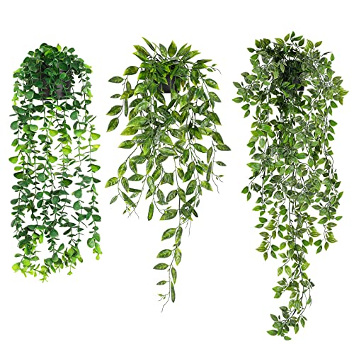 WXBOOM Künstliche Hängepflanzen, Eukalyptus, künstliche Mandala-Rebe im Topf für Zuhause, Zimmer, Innen- und Außenbereich, Regaldekoration, 3 Stück von WXBOOM