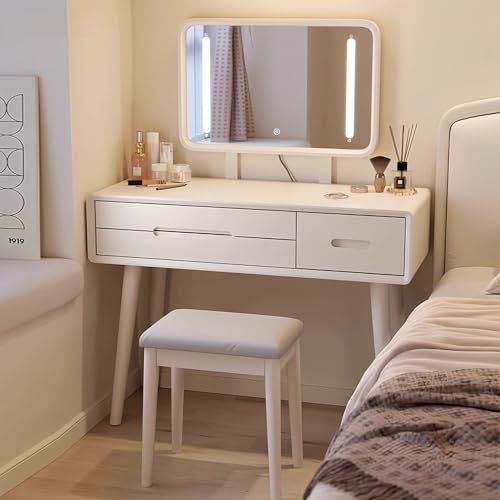 WXHJM Schminktisch mit LED-Beleuchtung, Einstellbare Helligkeit, Kosmetiktisch mit Spiegel, 3 Schubladen, mit Hocker, Moderner Frisiertisch für das Schlafzimmer A,100cm+LED von WXHJM