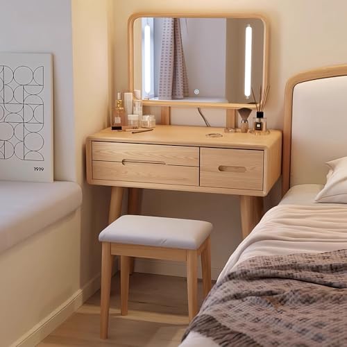 WXHJM Schminktisch mit LED-Beleuchtung, Einstellbare Helligkeit, Kosmetiktisch mit Spiegel, 3 Schubladen, mit Hocker, Moderner Frisiertisch für das Schlafzimmer B,80cm+LED von WXHJM