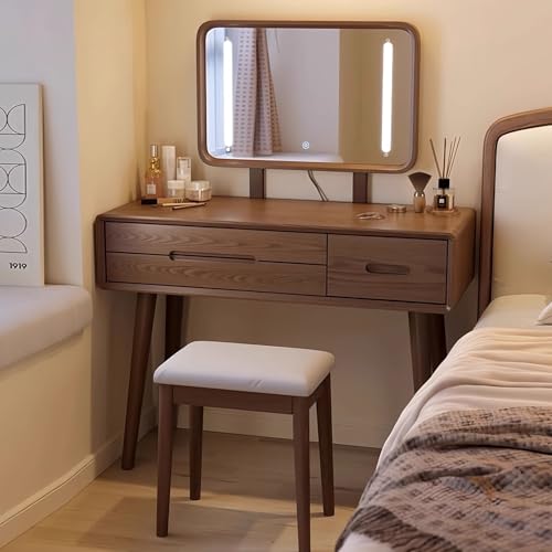 WXHJM Schminktisch mit LED-Beleuchtung, Einstellbare Helligkeit, Kosmetiktisch mit Spiegel, 3 Schubladen, mit Hocker, Moderner Frisiertisch für das Schlafzimmer C,100cm+LED WXHJM Schminktisch mit LED-Beleuchtung, Einstellbare Helligkeit, Kosmetiktisch mit Spiegel, 3 Schubladen, mit Hocker, Moderner Frisiertisch für das Schlafzimmer C,100cm+LED von WXHJM