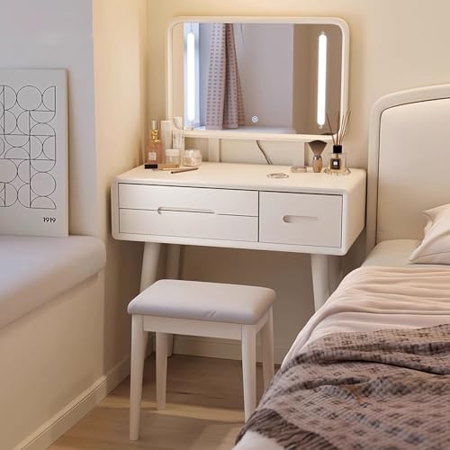 WXHJM Schminktisch mit LED-Beleuchtung, Frisiertisch mit Spiegel und Hocker, Massivholz Kosmetiktisch mit 3 Schubladen, Moderner Frisiertisch für Mädchen Schlafzimmer C,80cm+LED von WXHJM