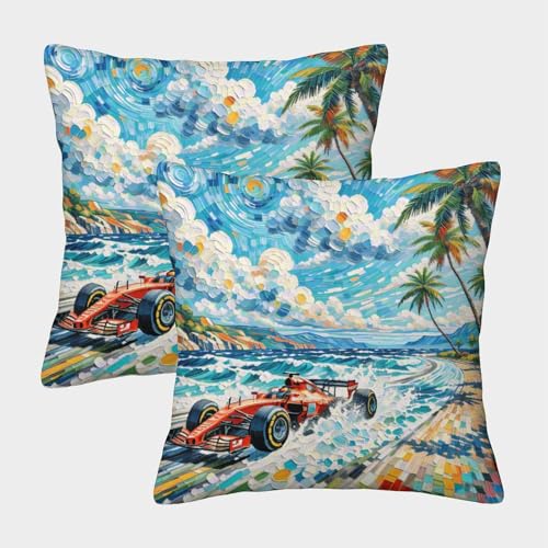 Auto Kissenbezug 2er Set Rennwagen Wellen Palme Kissenhülle Polyester Zierkissenbezüge Für Sofa Schlafzimmer Gartenbett Deko 40x40cm von WXLWHR