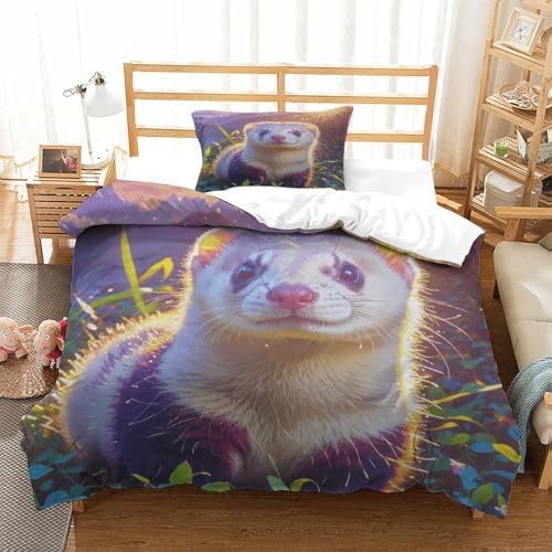 Bettwäsche Set Frettchen Bergwiese 3D Bettbezug, Atmungsaktiv Weiche Mikrofaser, Mit Reißverschluss & Kissenbezug, Für Minderjährige Und Erwachsene Single（135x200cm） von WXLWHR