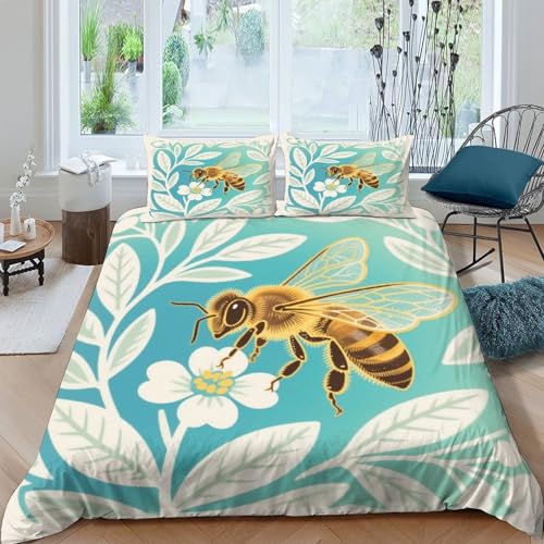 Biene Bettbezug-Set Weiche Mikrofaser 3-TLG. Bettwäsche Mit Biene Blumen-Design Mit Reißverschluss & Kissenbezüge Für Minderjährige Und Erwachsene Double（200x200cm） von WXLWHR
